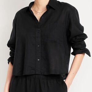 Old Navy Linen Black Cropped Button-Down Shirt